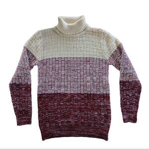 Vintage Color Block Turtleneck Knit Sweater Women's Small Red Cream